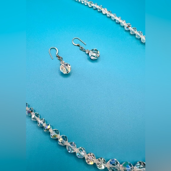 Vintage 1950s Aurora Borealis Faceted Bead Necklace Pierced Earring Set - Picture 5 of 12